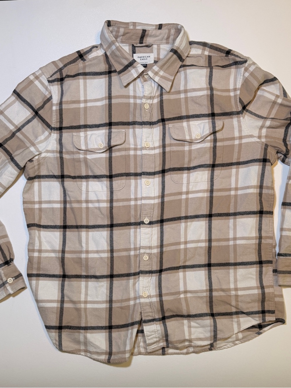 American Eagle Outfitters Tan and White Plaid Flannel Button-Down Shirt